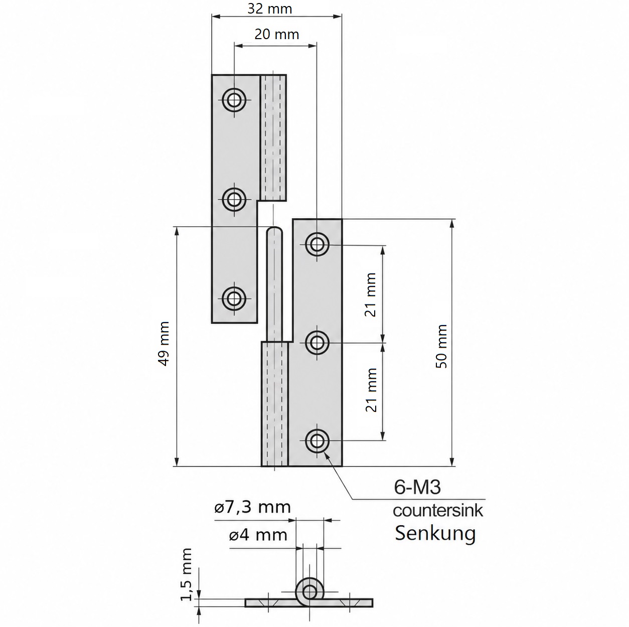 Dobradiça de pôster de alta qualidade de 2 peças, feita de aço inoxidável SUS304, capacidade de carga: 7 kg (16 lbs), 50 mm (1-31/32"), versão: esquerda, B-1004-3-L. Dobradiça robusta de elevação para portas, escotilhas de manutenção e muito mais, por TAKIGEN (Japão) - Image 2
