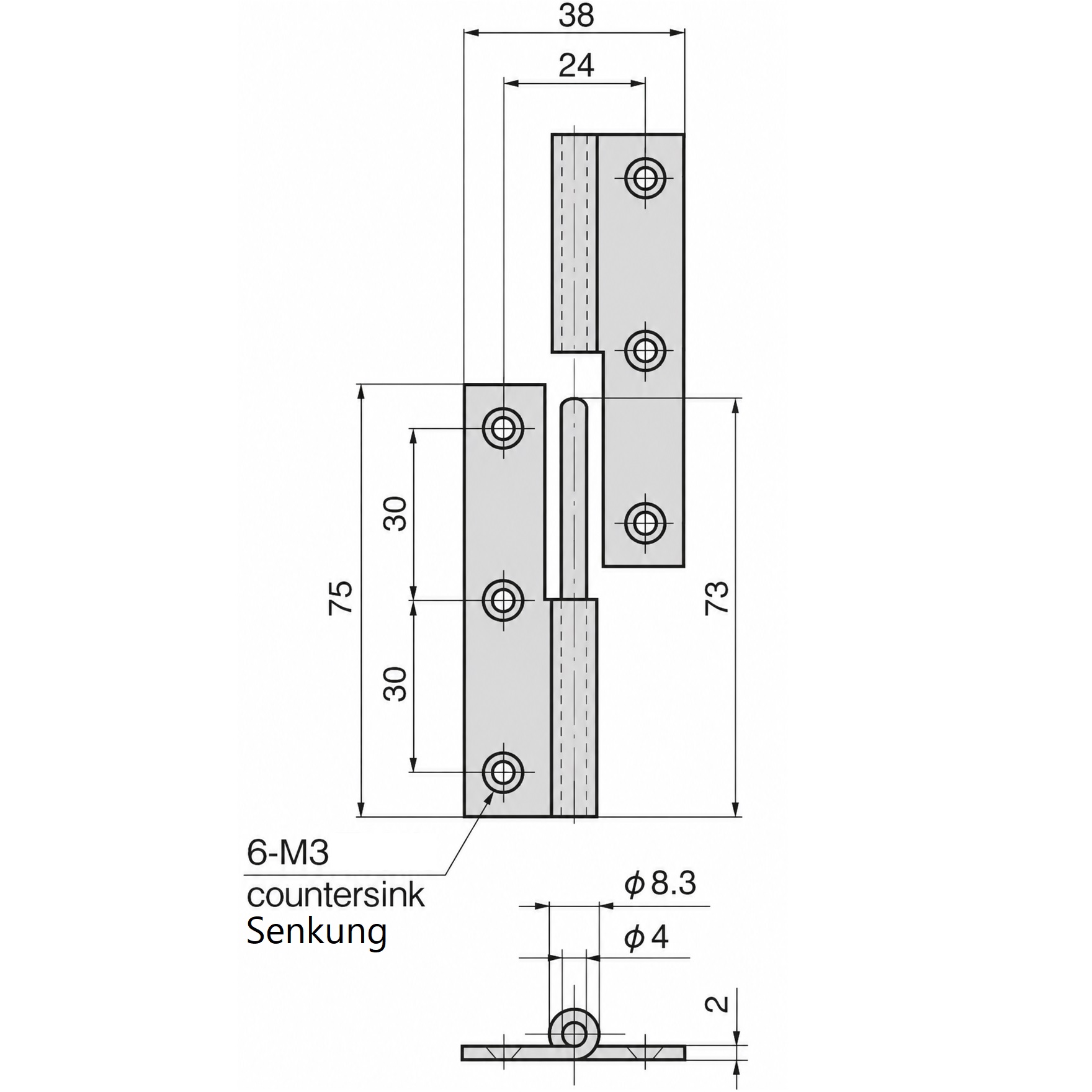 2 peças de dobradiça de pôster de alta qualidade, feitas de aço inoxidável SUS304, capacidade de carga: 15 kg (34 lbs), 75 mm (2-61/64"), versão: direita, B-1004-1-R. Dobradiça robusta de elevação para portas, escotilhas de manutenção e muito mais, por TAKIGEN (Japão) - Image 2