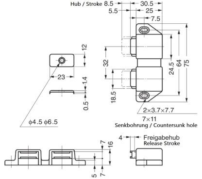 Fecho magnético compacto, incl. contraplaca, superfície: branco, 25 mm (63/64"), versão: com 2 êmbolos, ML-30WW. Abridor de porta dupla com economia de espaço para portas de móveis, portas de armários e muito mais, da Sugatsune / LAMP® (Japão) - Image 2
