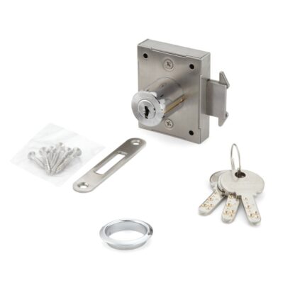 Fechadura de porta deslizante, feita de aço inoxidável SUS304, superfície: cromada, versão: chaveada igualmente, 7810K-24-CR-R-D. Fechadura de persiana para porta de correr e muito mais, da Sugatsune / LAMP® (Japão)