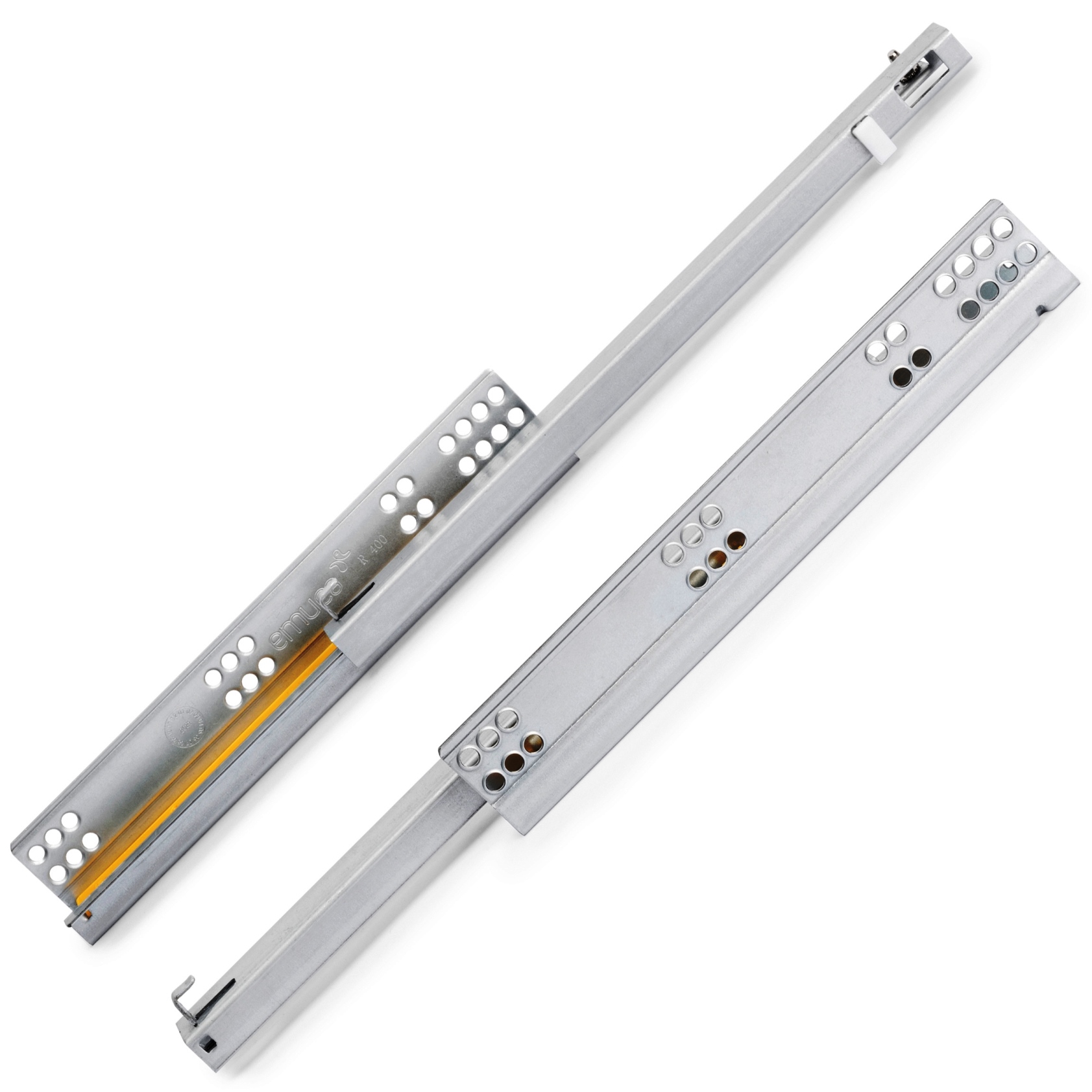 Corrediças sob o piso, 3019005, 250 mm (9-27/32"), da EMUCA, capacidade de carga: 25 kg (56 lbs), versão: extensão parcial com amortecimento. Imagem do produto